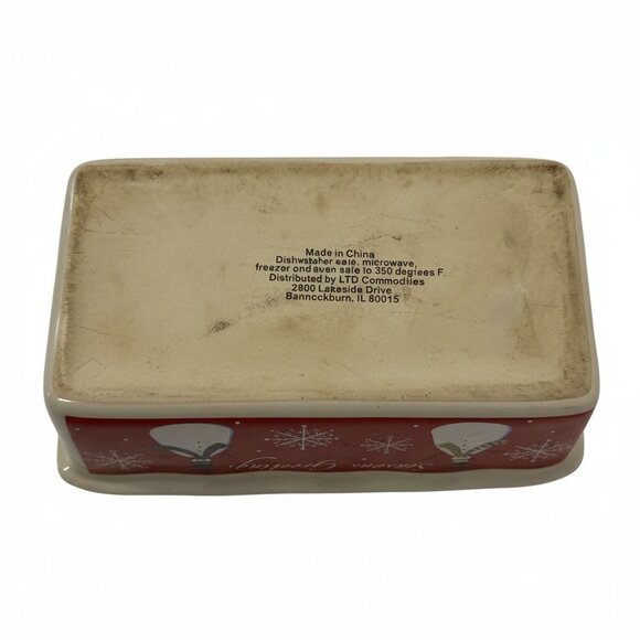 Ceramic Holiday Loaf Pan Snowman & Snowflake Design Seasons Greetings Red - Picture 5 of 7
